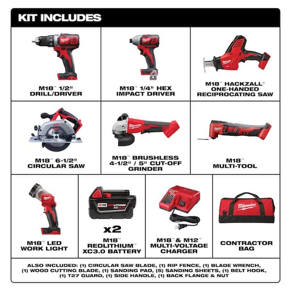M18 18-Volt Lithium-Ion Cordless Combo Kit 7-Tool with 2-Batteries, Charger and Tool Bag
