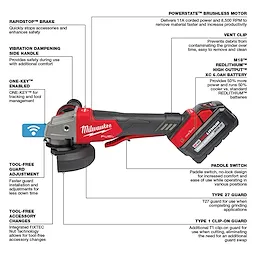 M18 FUEL™ 4-1/2" / 5" Braking Grinder w/ ONE-KEY™ Paddle Switch, No Lock