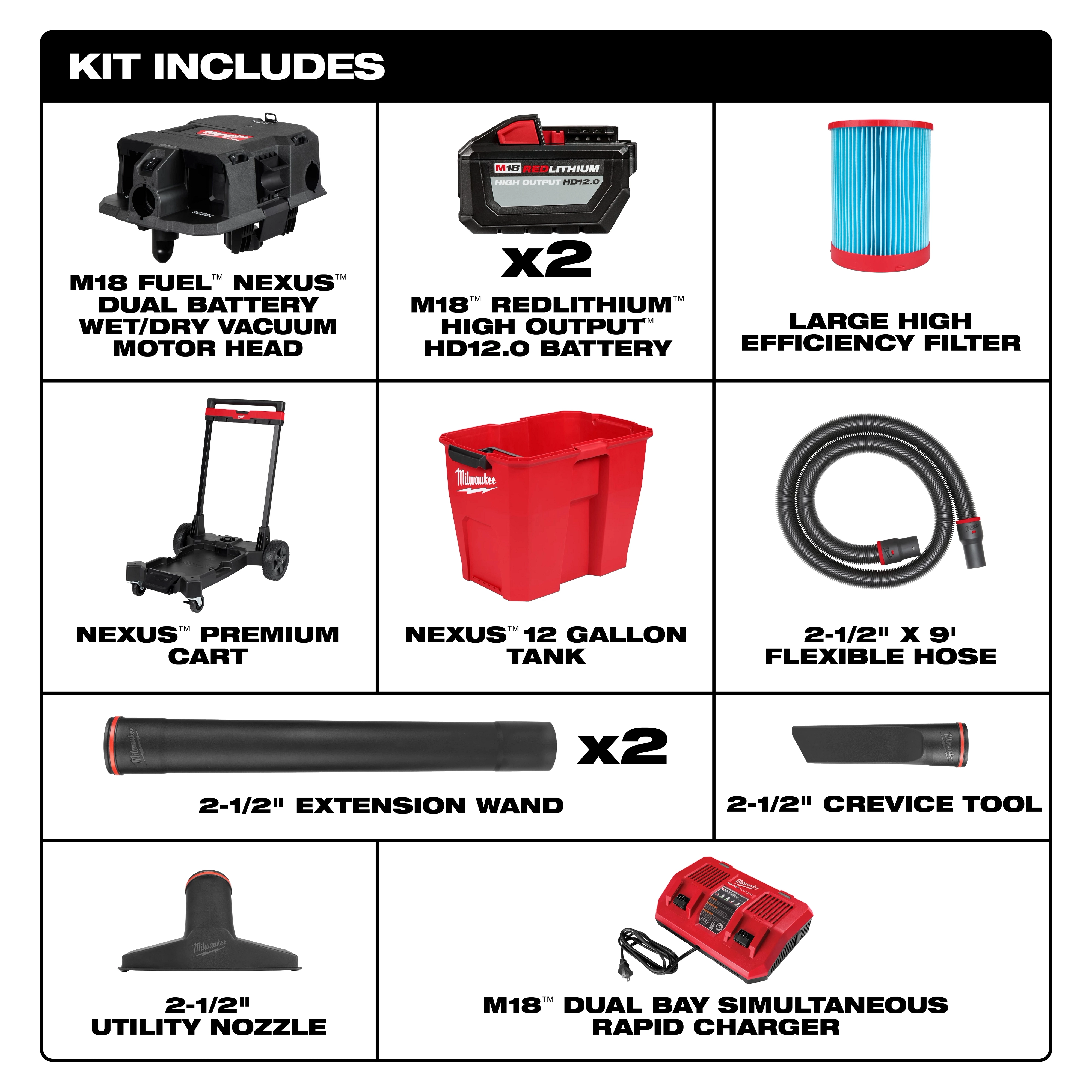 M18 FUEL™ NEXUS™ 12 Gallon Dual Battery Wet/Dry Vacuum Kit