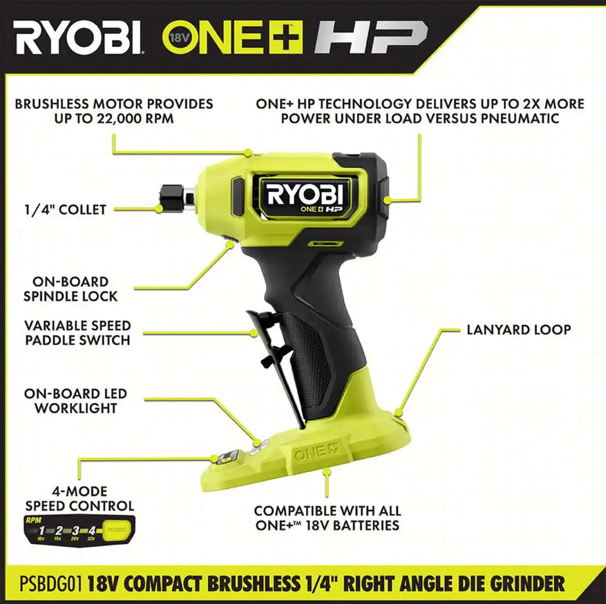 18V ONE+ HP Compact Brushless 1/4" Right Angle Die Grinder