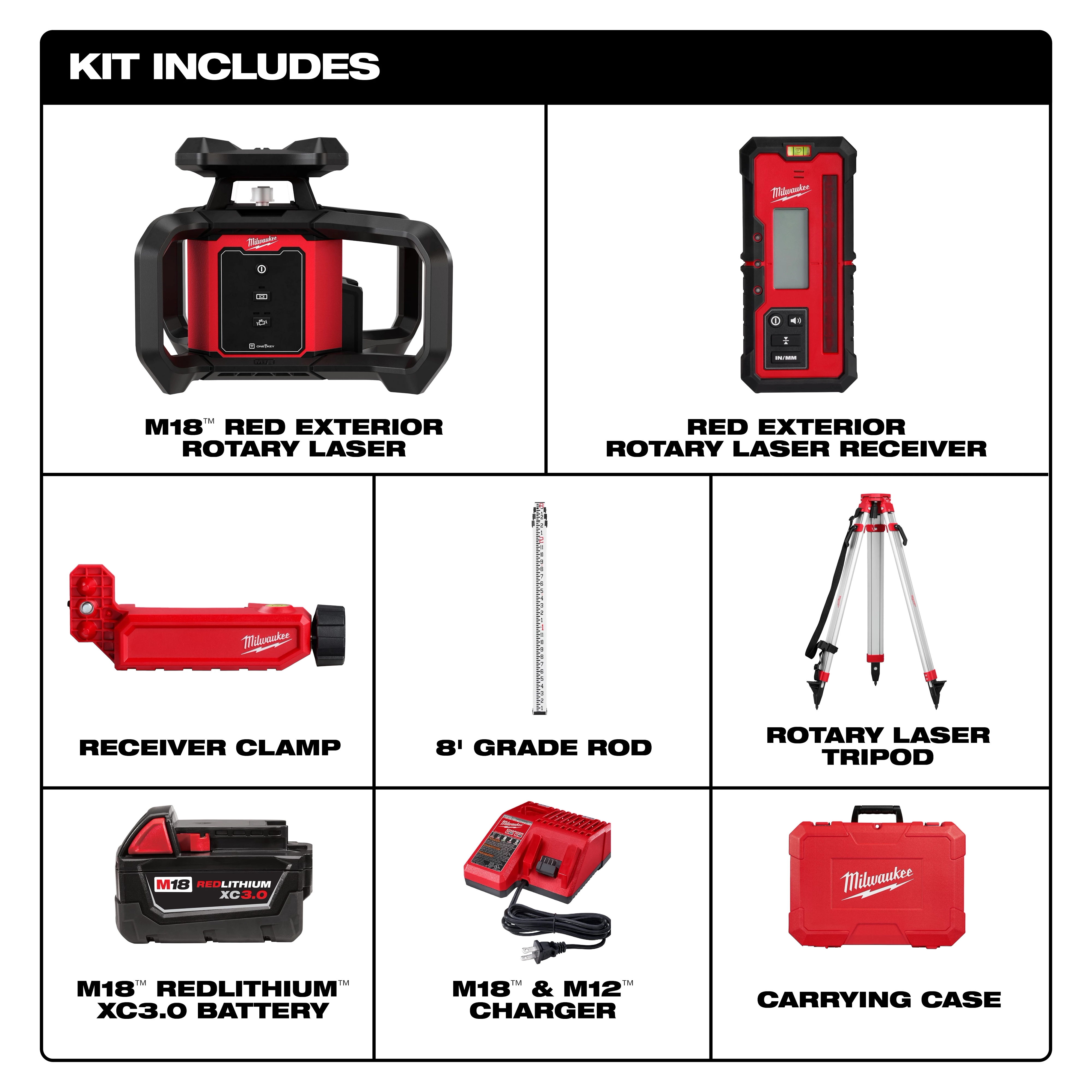 M18™ Red Exterior Rotary Laser Level Kit w/ Receiver, Tripod, & Grade Rod