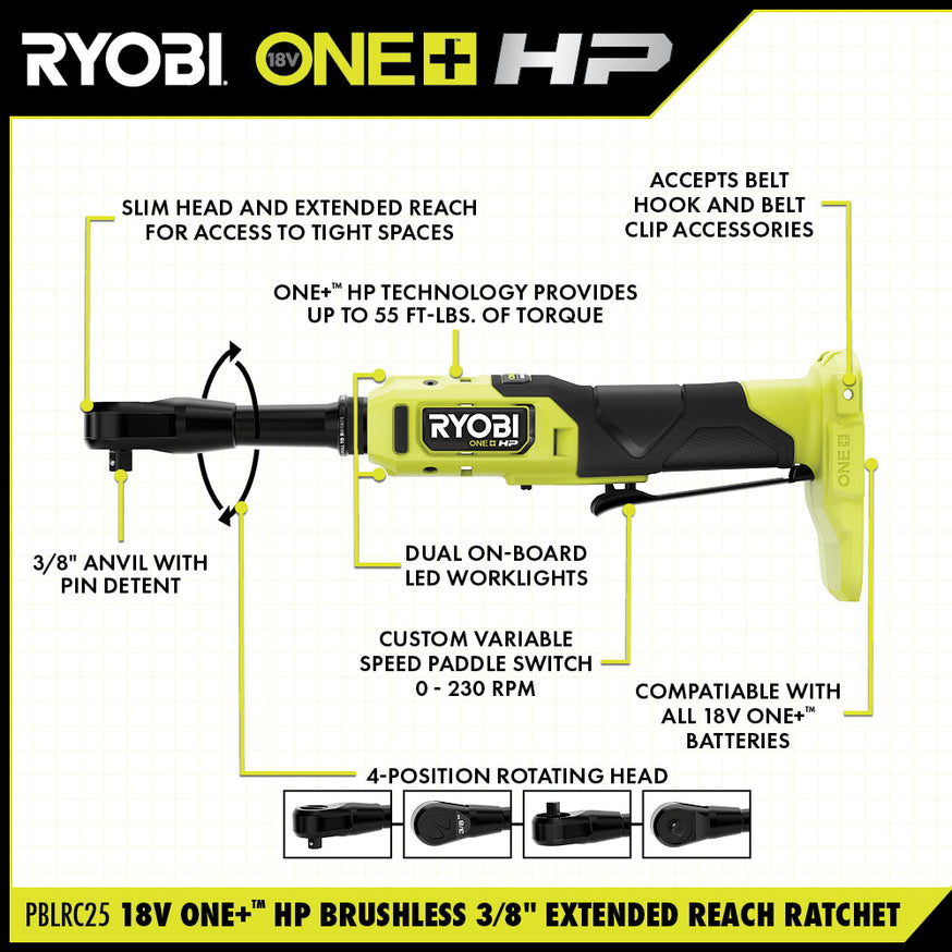 18V ONE+ HP Brushless 3/8" Extended Reach Ratchet