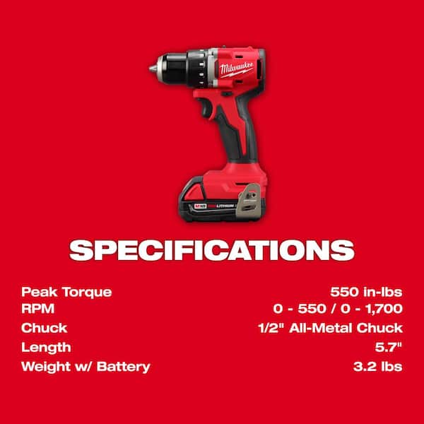 M18 18V Lithium-Ion Brushless Cordless 1/2 in. Compact Drill/Driver with One 2.0 Ah Battery, Charger and Tool Bag