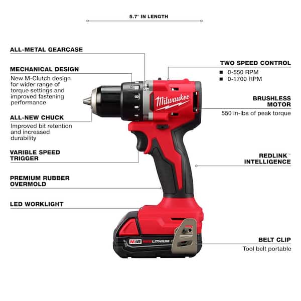 M18 18V Lithium-Ion Brushless Cordless 1/2 in. Compact Drill/Driver with One 2.0 Ah Battery, Charger and Tool Bag