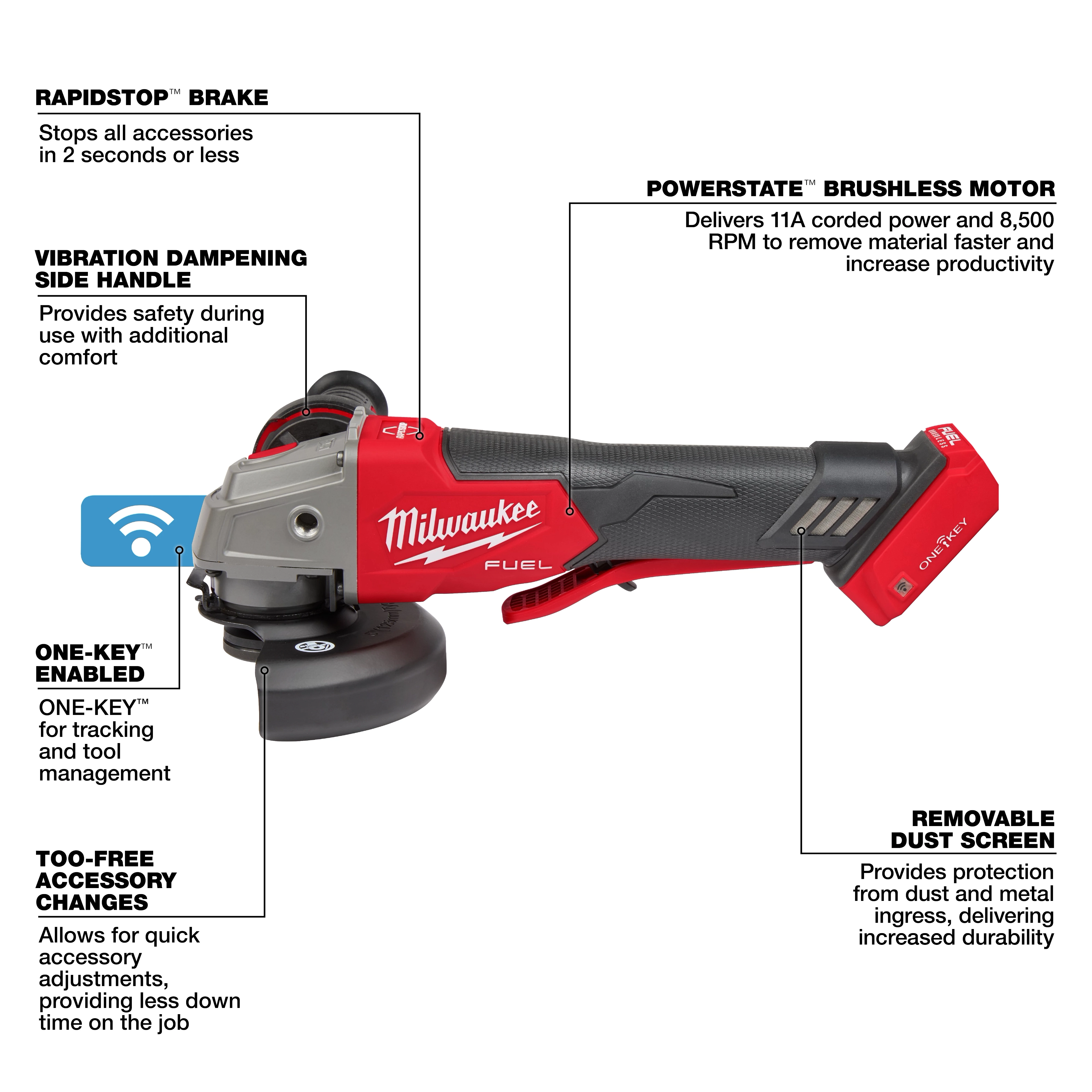 M18 FUEL™ 4-1/2" / 5" Braking Grinder w/ ONE-KEY™ Paddle Switch, No Lock