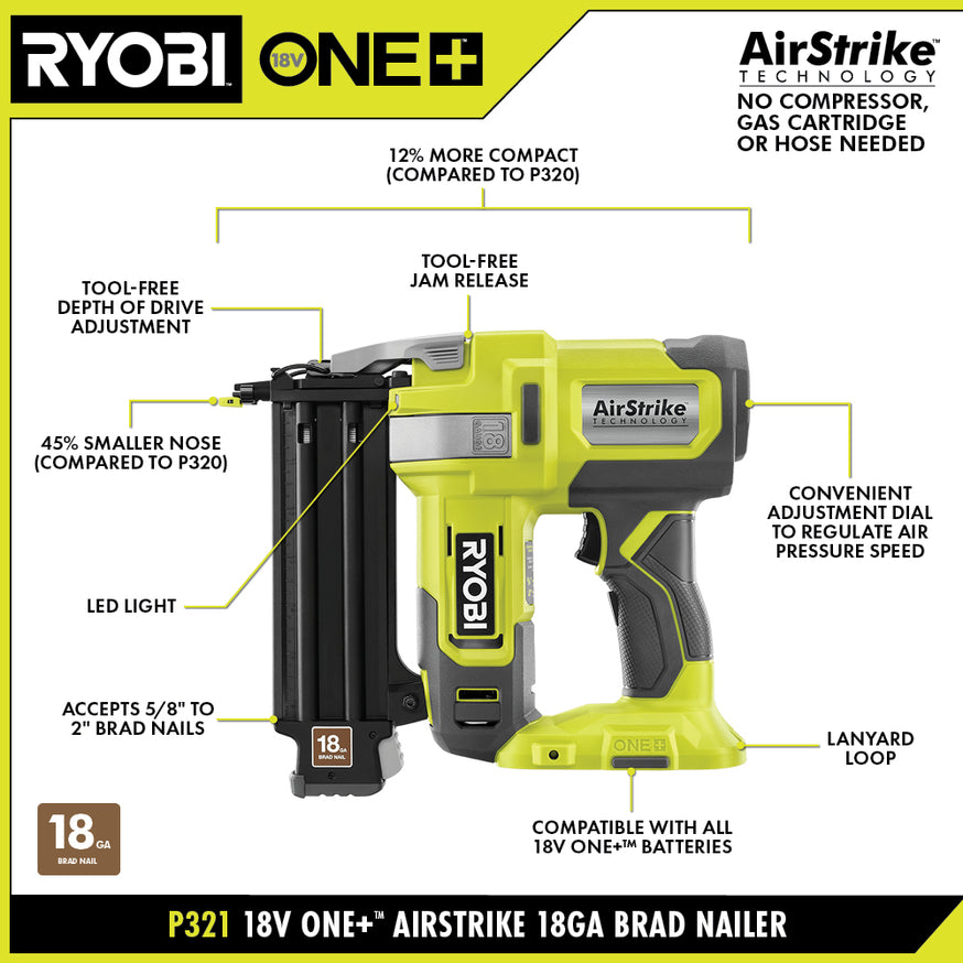 18V ONE+ Airstrike 18GA Brad Nailer