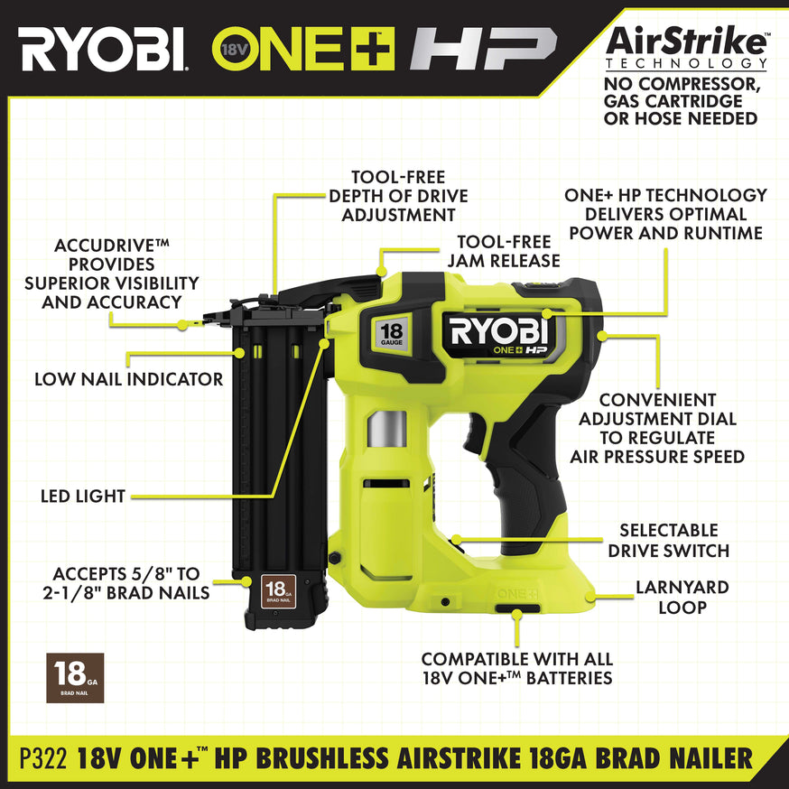 18V ONE+ HP Brushless Airstrike 18GA Brad Nailer Kit
