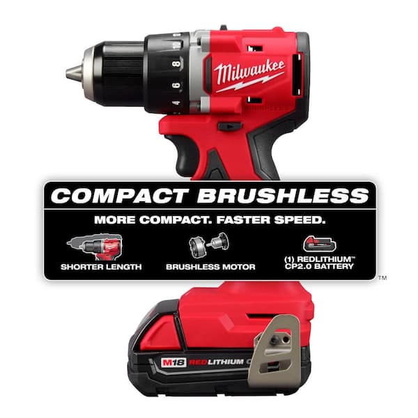 M18 18V Lithium-Ion Brushless Cordless 1/2 in. Compact Drill/Driver with One 2.0 Ah Battery, Charger and Tool Bag