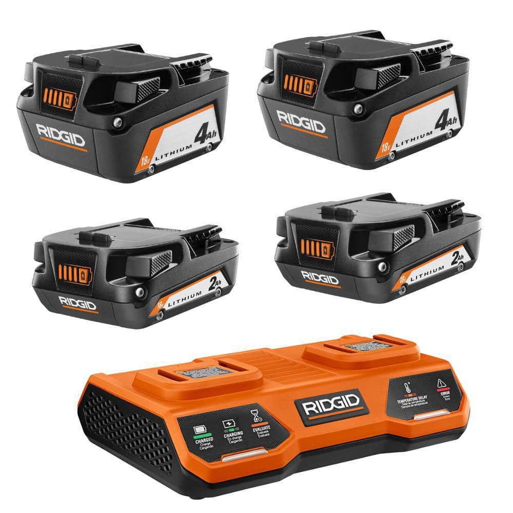 RIDGID 18V Dual Port Simultaneous Charger with (2) 2.0 Ah Batteries, (2) 4.0 Ah Batteries