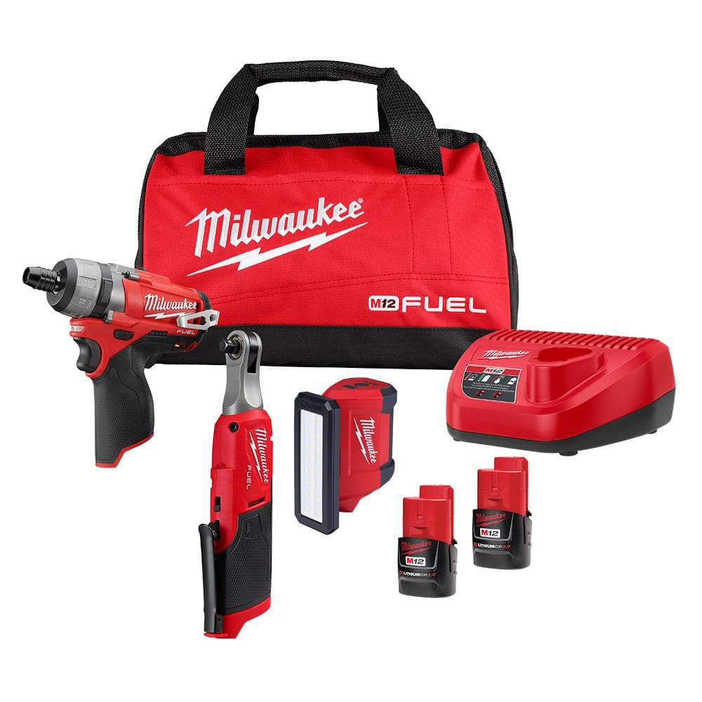 M12 FUEL Screwdriver, 3/8 in. High Speed Ratchet, Light Combo Kit (3-Tool) W/ 2 Batteries & Charger